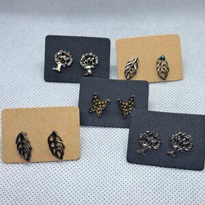 5 pairs of stud earrings- 2 Tree of Life, 2 Leaves, 1 Butterfly- Vintage Patina